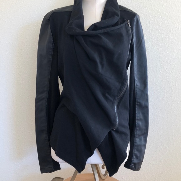 Black vegan leather and jersey moto jacket - Picture 3 of 6